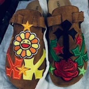 Men's Brown Suede Loafers with Colorful Embroidery